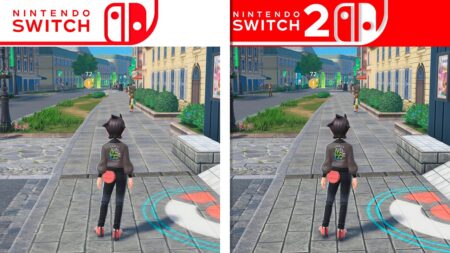 Due allenatori di Leggende Pokémon: Z-A con i loghi di Nintendo Switch 1 Switch 2