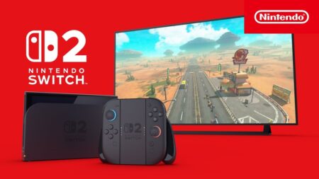Un Nintendo Switch 2 con dietro un televisore con Mario Kart World