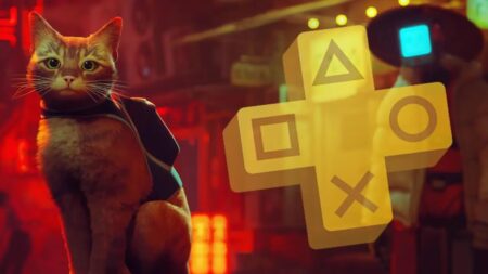 Il gattino randagio di Stray con al fianco il logo del PlayStation Plus