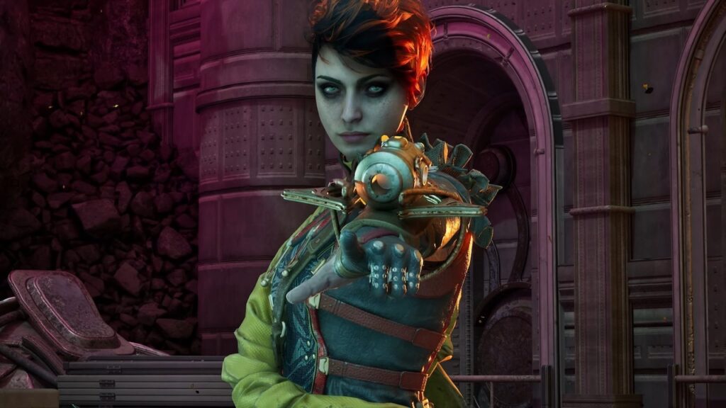 Un alleato di The Outer Worlds 2 mentre punta un'arma