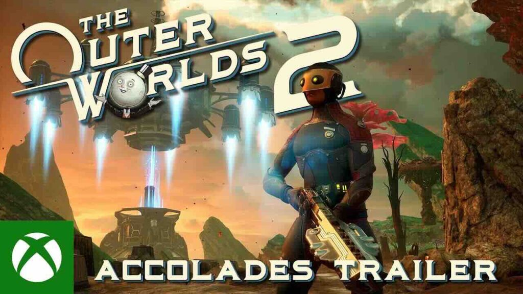 The Outer Worlds 2 riceve il trailer con i riconoscimenti della stampa Un personaggio di The Outer Worlds 2 con il logo dell'Accolades Trailer