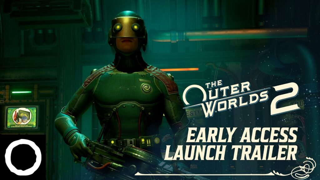 Un personaggio di The Outer Worlds 2 con il logo del trailer di lancio