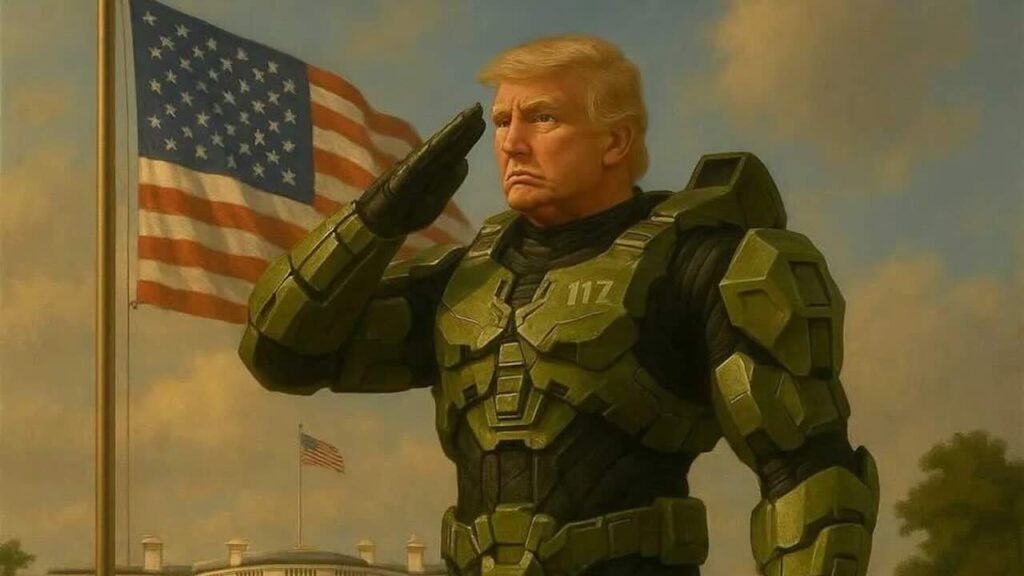 Donald Trump mentre è vestito da Master Chief per celebrare l'arrivo di Halo: Campaign Evolved su PS5