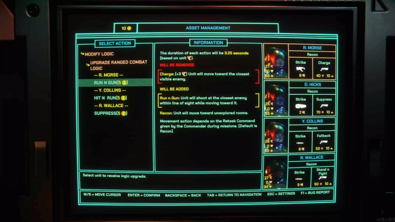 Schermata di gestione delle abilità del team di soldati su monitor CRT