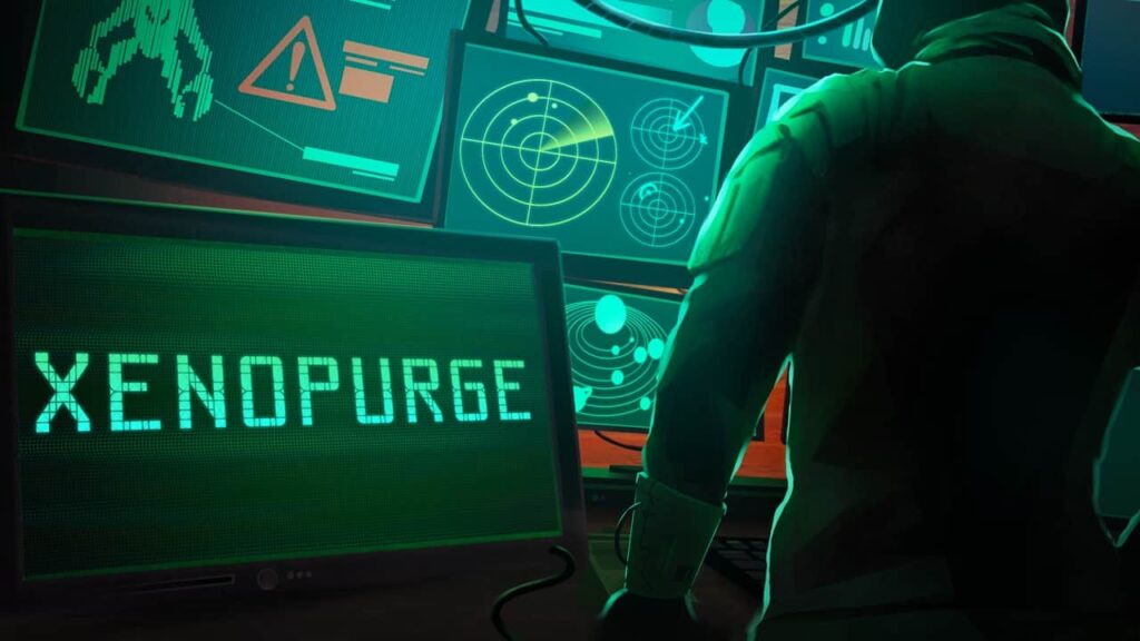 Copertina del gioco Xenopurge, con uomo che guarda più monitor