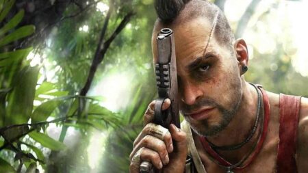 Vaas di Far Cry 3 in primo piano mentre impugna una pistola