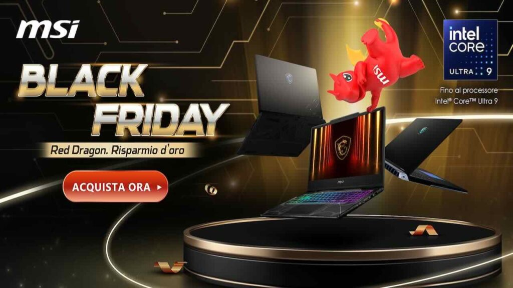 Black Friday Amazon: arrivano sconti anche oltre i 400 euro sui laptop MSI Due laptop di MSI con il logo del Black Friday