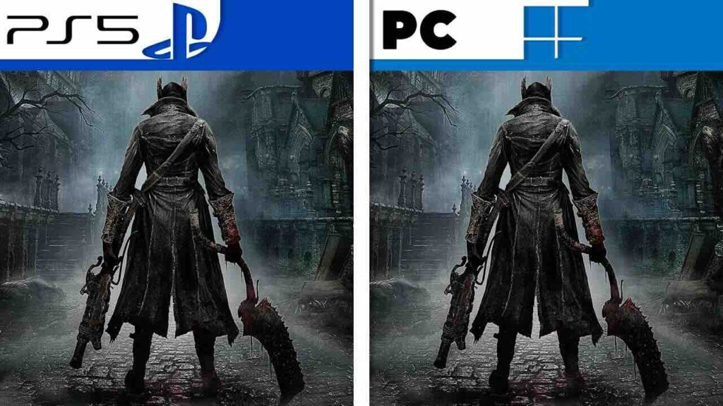 Il cacciatore di Bloodborne con il logo di PS5 e PC