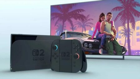 Lucia e Jason di GTA 6 sulla TV con un Nintendo Switch 2 nel dock