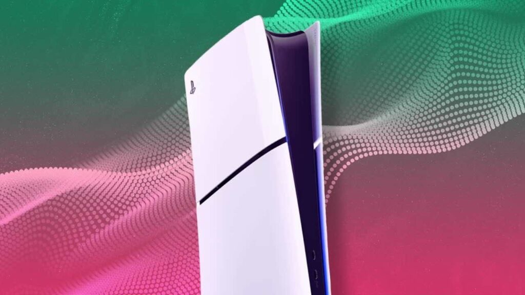 Una PS5 Slim Digital con uno sfondo colorato
