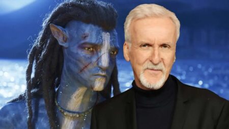James Cameron con al fianco il protagonista di Avatar: Fuoco e Cenere