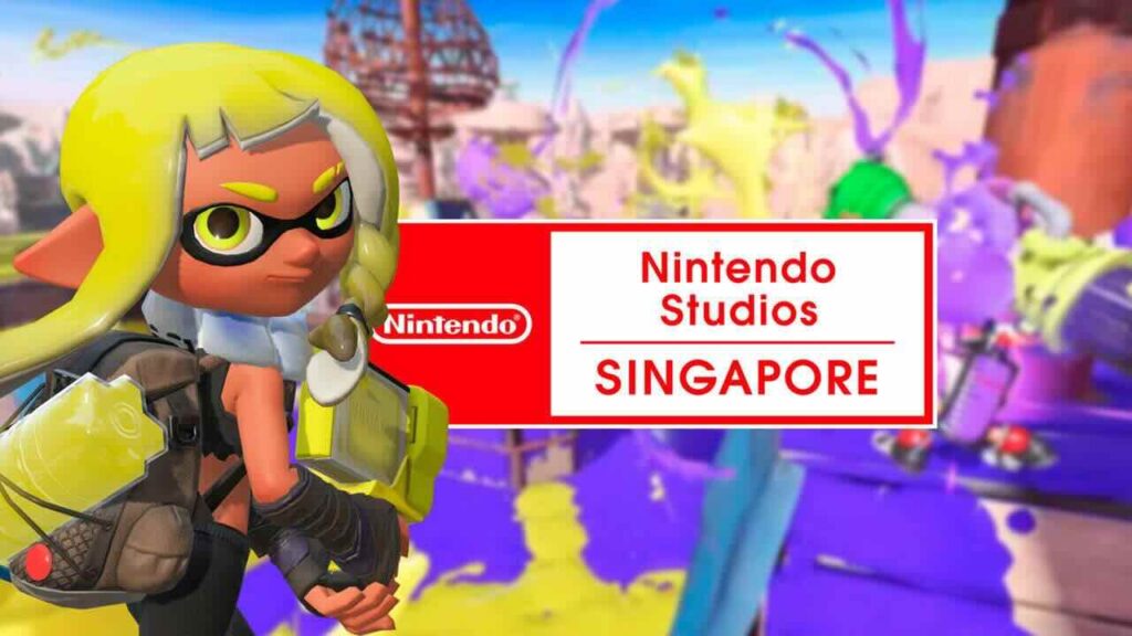 Un personaggio di Splatoon 3 ed il logo di Nintendo Studios Singapore