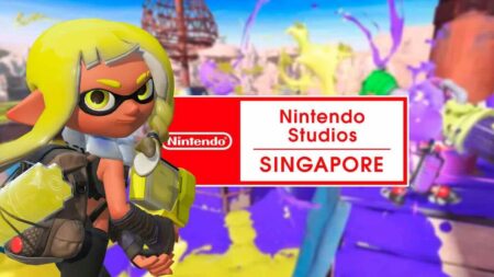 Un personaggio di Splatoon 3 ed il logo di Nintendo Studios Singapore