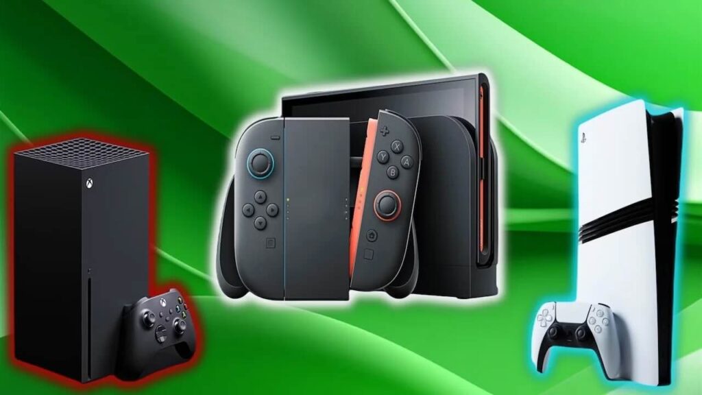 Una Xbox Series X con la fianco un Nintendo Switch 2 ed una PS5 Pro