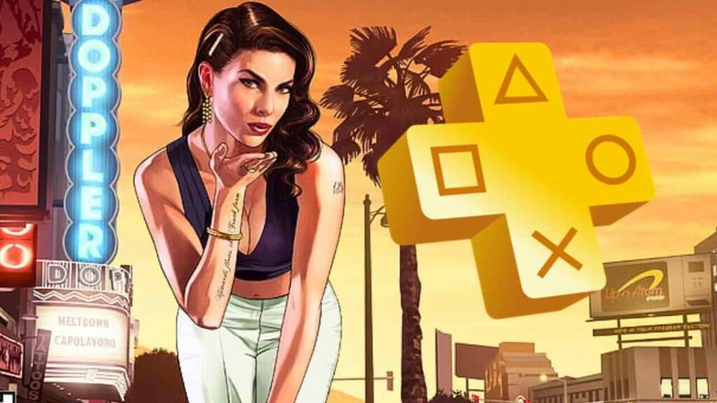 Una ragazza di GTA 5 con il logo del PlayStation Plus