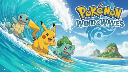 Pikachu con Squirtle e Bulbasaur mentre fanno surf con il logo di Pokémon Wind e Waves