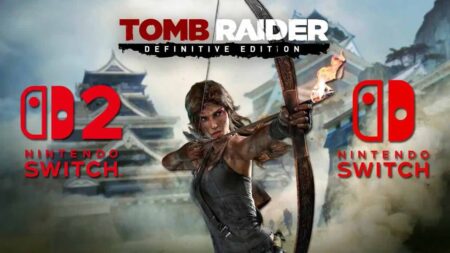 Lara Croft di Tomb Raider: Definitive Edition ed i loghi di Nintendo Switch e Nintendo Switch 2