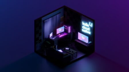 Sfondo stock di Bazzite con diorama di una stanza da gaming e pinguino Linux