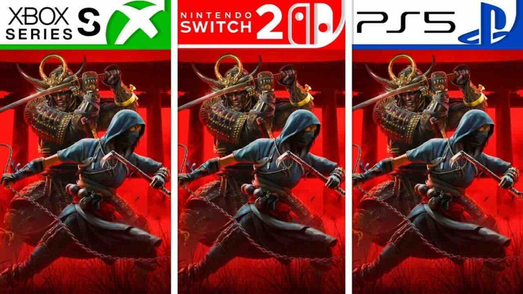 Yasuke e Naoe di Assassin's Creed Shadows con il loghi di Xbox Series S e Nintendo Switch 2 e PS5