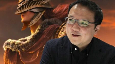 Hidetaka Miyazaki di FromSoftware con dietro Malenia di Elden Ring