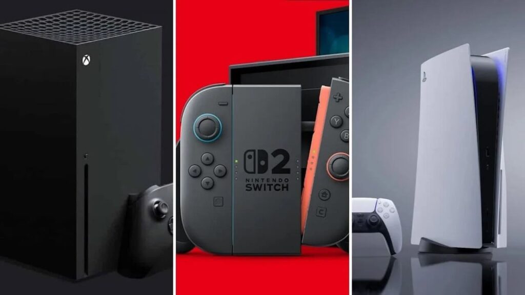 Una Xbox Series X con al fianco un Nintendo Switch 2 ed una PS5