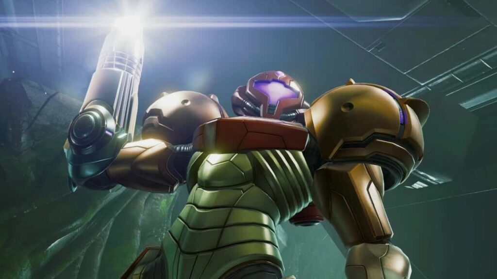 Samus Aran di Metroid Prime 4: Beyond con il cannone alzato in cielo
