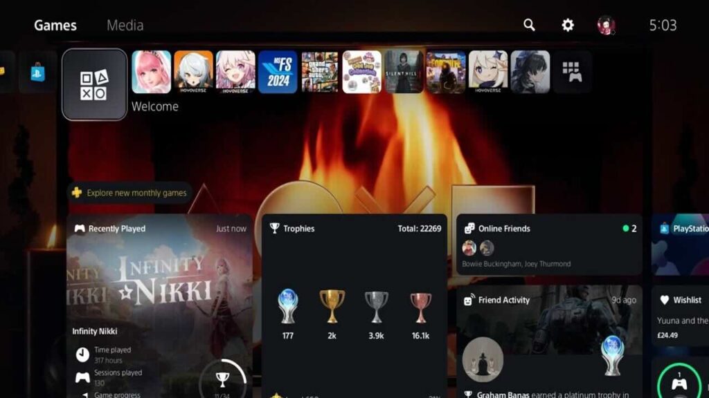 Lo sfondo con il camino di PS5 per il Welcome Hub