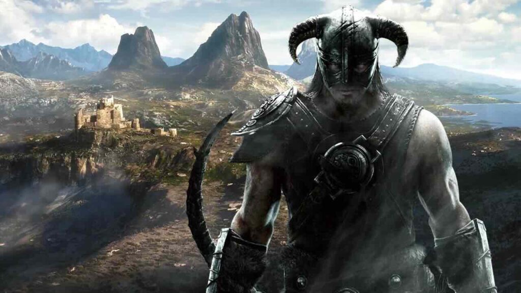 Il protagonista di Skyrim con dietro l'ambientazione di The Elder Scrolls VI