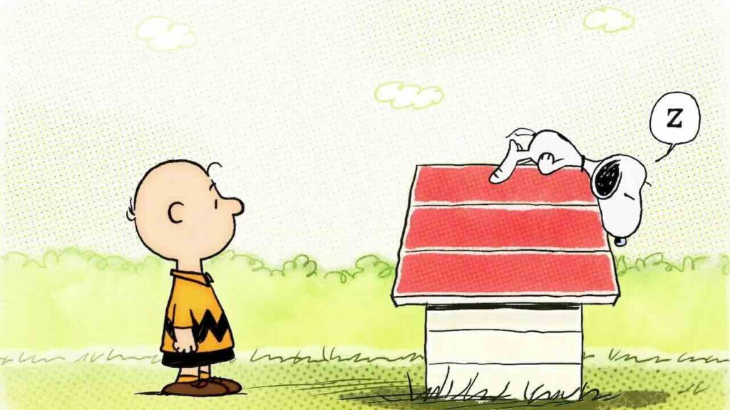 I protagonisti di Peanuts e Snoopy sulla sua cuccia