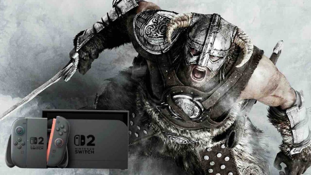 Il protagonista di The Elder Scrolls V: Skyrim con un Nintendo Switch 2 in basso