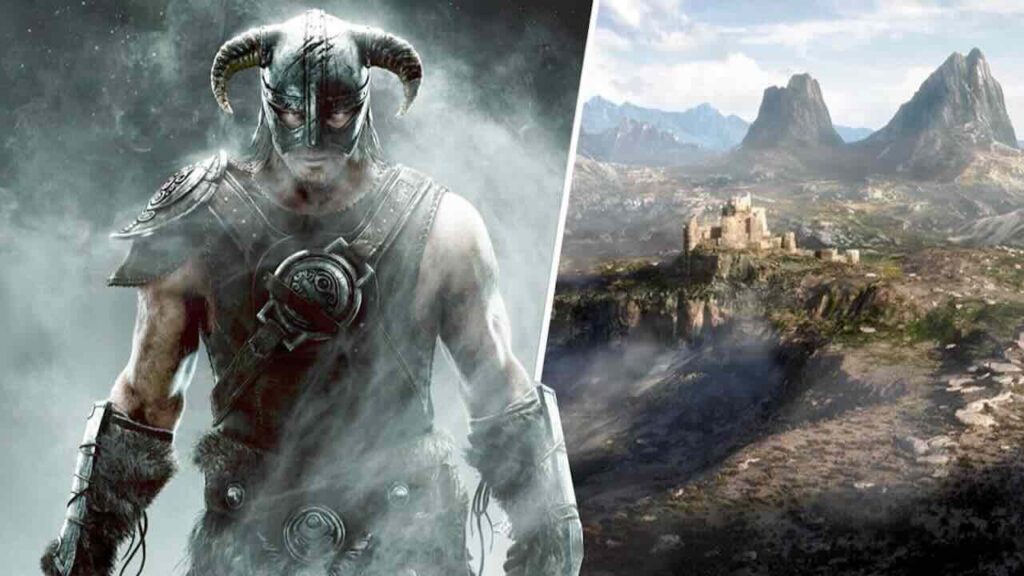 Il protagonista di The Elder Scrolls V: Skyrim con al fianco l'ambientazione di The Elder Scrolls VI