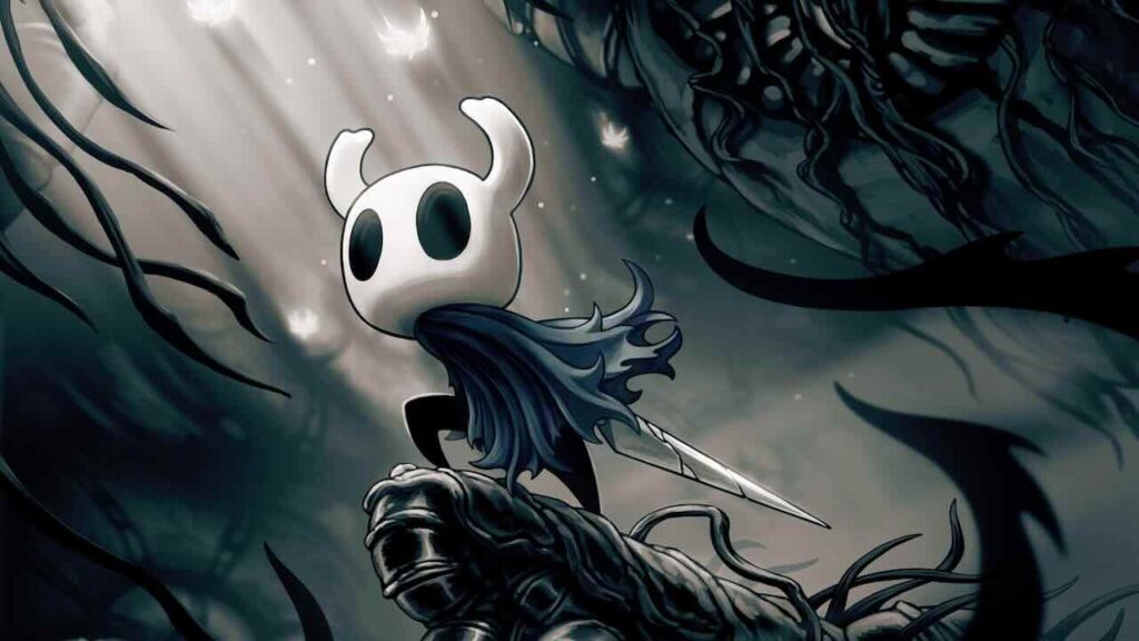 Il protagonista di Hollow Knight su una piccola roccia
