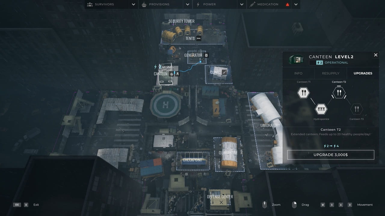 Schermata panoramica della base di Quarantine Zone con potenziamenti