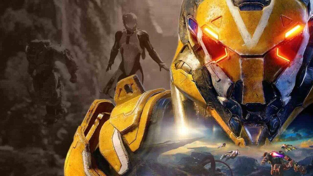 Un personaggio di Anthem con dietro due alleati in armatura