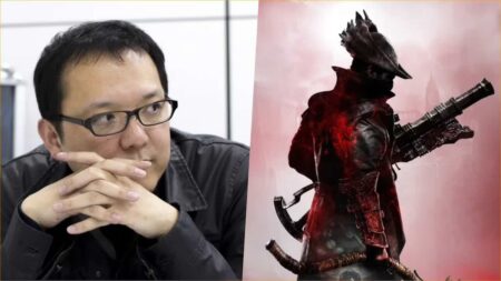 Hidetaka Miyazaki con al fianco il protagonista di Bloodborne