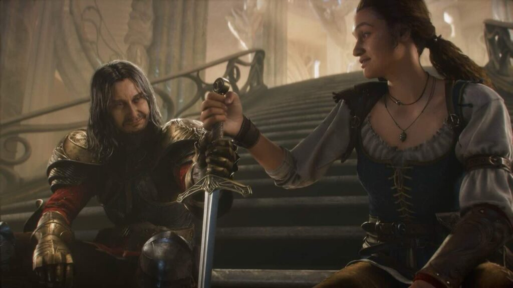 La protagonista di Fable con al fianco un uomo che impugna la spada