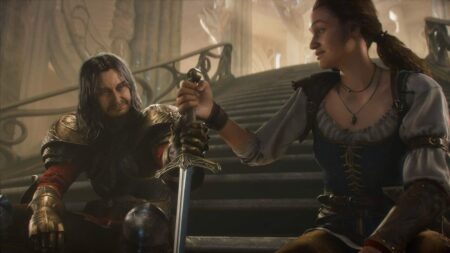 La protagonista di Fable con al fianco un uomo che impugna la spada