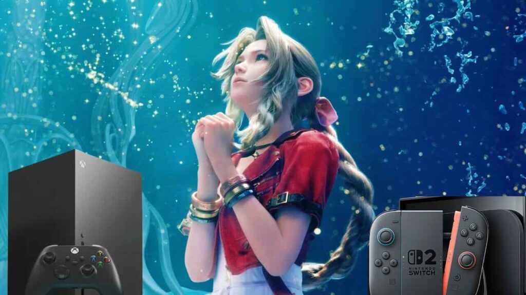 Aerith di Final Fantasy 7 Rebirth con una Xbox Series X e Nintendo Switch 2