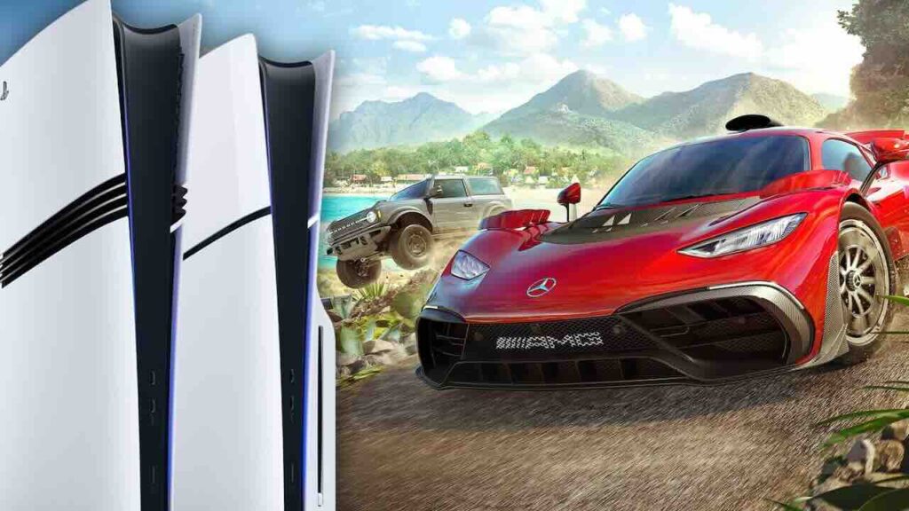 Un'auto di Forza Horizon 5 con al fianco una PS5 Pro e una PS5 Slim