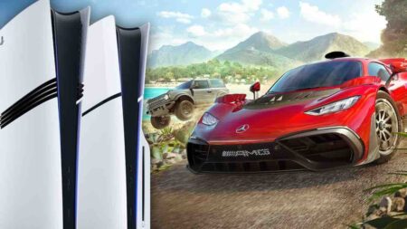 Forza Horizon 5 ha venduto più di cinque milioni di copie su PS5, generando oltre 300 milioni di dollari? Un'auto di Forza Horizon 5 con al fianco una PS5 Pro e una PS5 Slim