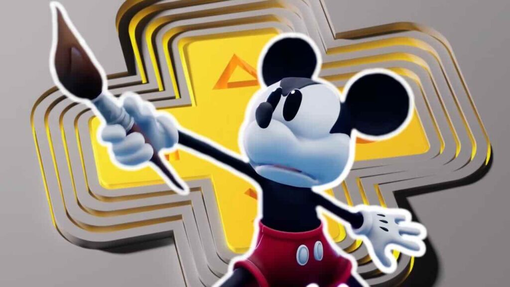 Topolino di Disney Epic Mickey: Rebrushed con il logo di PlayStation Plus sullo sfondo