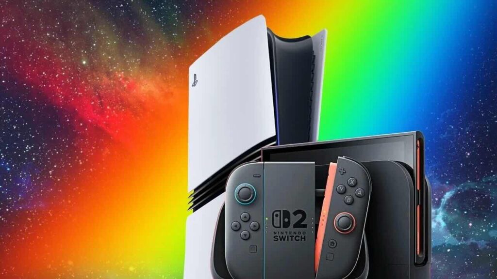 Una PS5 Pro con davanti un Nintendo Switch 2