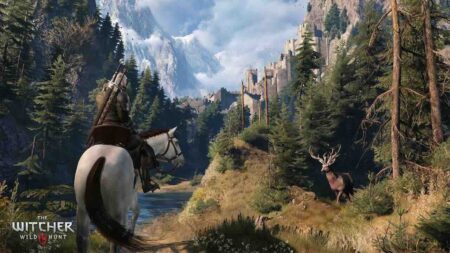 Geralt di Rivia di The Witcher 3 su un cavallo