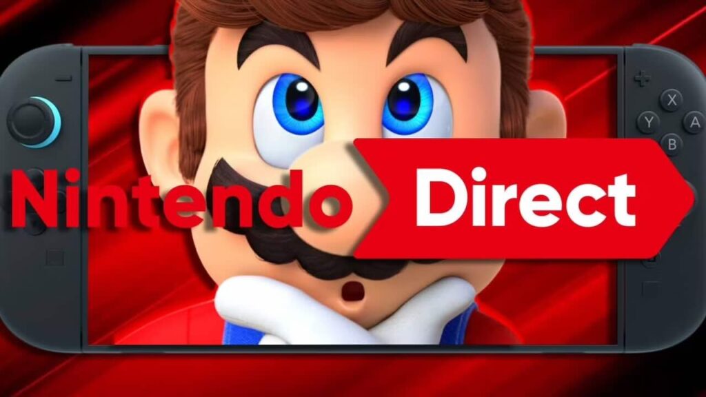 Super Mario in un Nintendo Switch 2 con il logo del Nintendo Direct in sovrimpressione