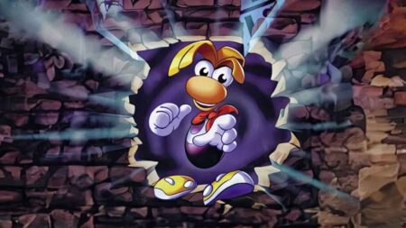 Rayman di Rayman 30th Anniversary mentre sfonda un muro