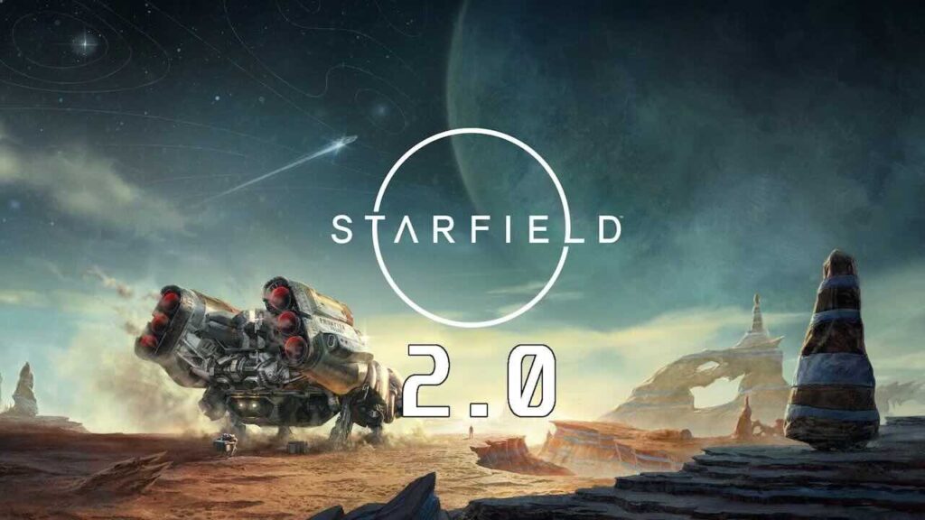 Un'astronave di Starfield con il logo 2.0
