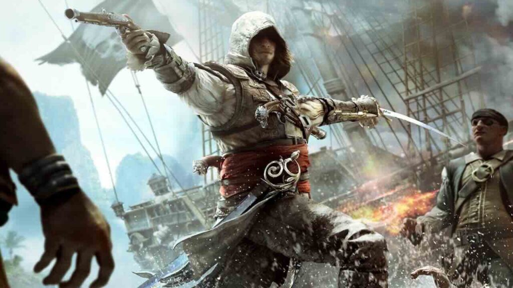 Edward di Assassin's Creed 4: Black Flag mentre impugna una pistola ed una spada