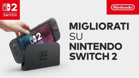 Un Nintendo Switch 2 con il logo dei giochi migliorati per Switch 1