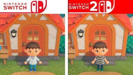 Il protagonista di Animal Crossing: New Horizon con i loghi di Nintendo Switch 1 e 2