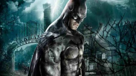 Il Cavaliere Oscuro di Batman: Arkham Asylum con il manicomio dietro di lui